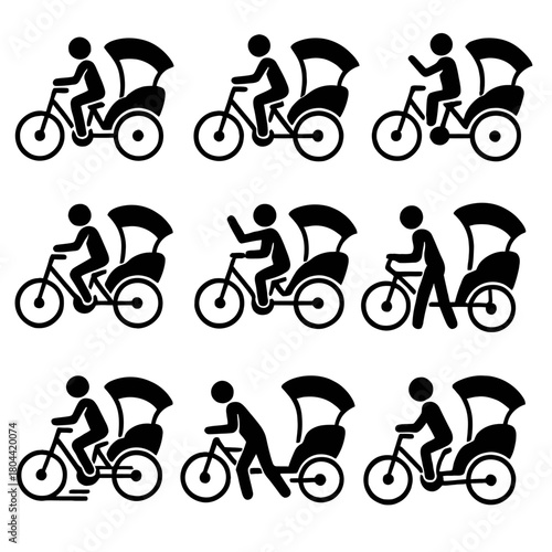 A detailed collection of vector icons featuring the Becak (a cycle-rickshaw common in Indonesia) and its driver.