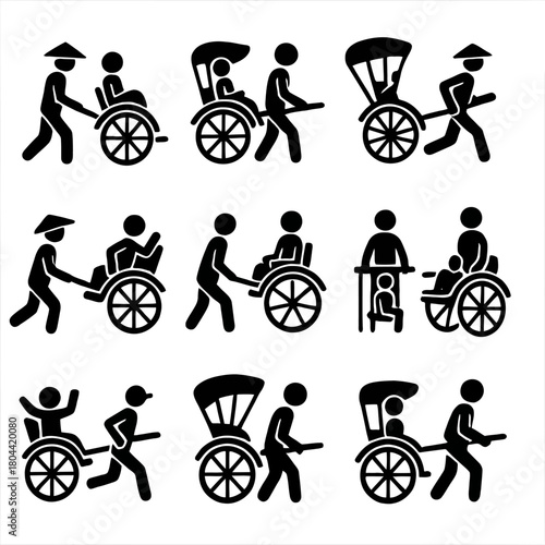 A detailed collection of black silhouette vector icons representing the jinrikisha (or rickshaw), a traditional mode of human-powered transportation.