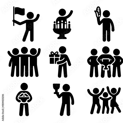 A comprehensive collection of black silhouette vector icons representing the Kwanzaa holiday, a celebration of African-American culture, heritage, and unity.