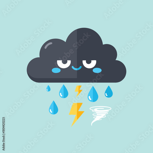 Grumpy Storm Cloud Character with Rain Lightning and Tornado Icon Illustration