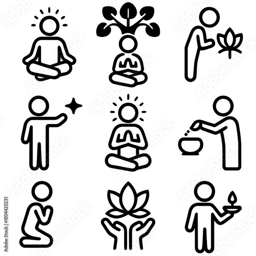 A comprehensive collection of vector icons in both silhouette and line art styles representing themes of Buddhism, spirituality, meditation, and the holiday of Bodhi Day.