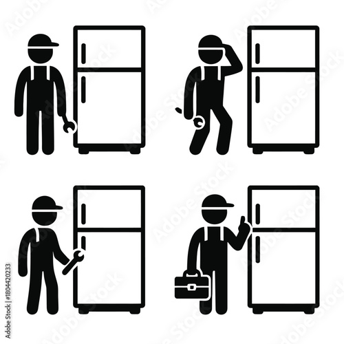 A detailed collection of black silhouette vector icons featuring a repair technician or service worker performing maintenance and repair on a refrigerator or freezer.