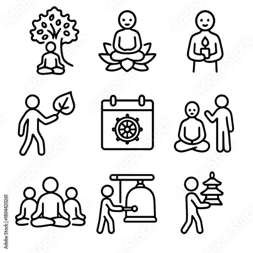 A comprehensive collection of vector icons in both silhouette and line art styles representing themes of Buddhism, spirituality, meditation, and the holiday of Bodhi Day.