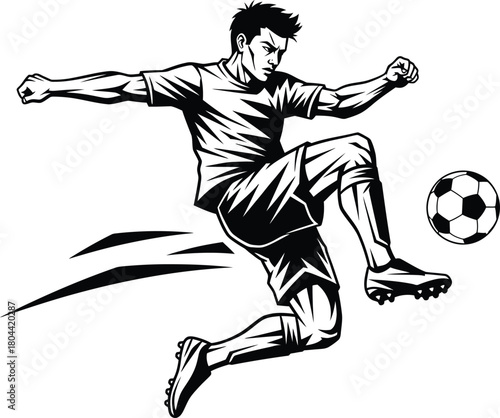 Football player kicking ball in dynamic action black vector illustration