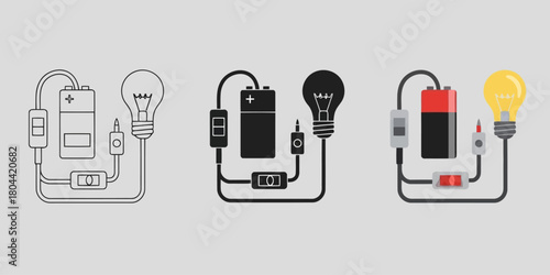 Electrical circuit with light bulb battery and switch Vector Set in Three Styles — Line Art, Silhouette and Color Version 