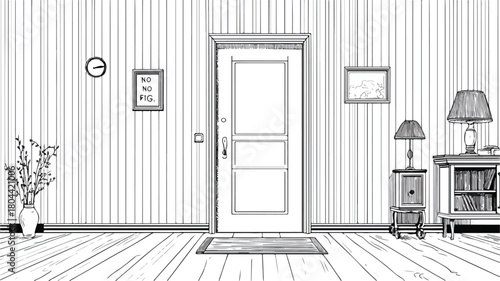 Monochrome room sketch with 'no' door
