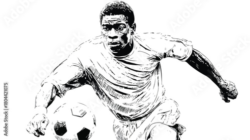 Professional Black and White Soccer Player Drawing on White Background