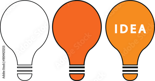 Three light bulbs in sequence representing the process of developing a new idea from an empty outline to a final concept.