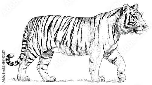 Majestic Tiger Drawing with Striped Tail in Black and White