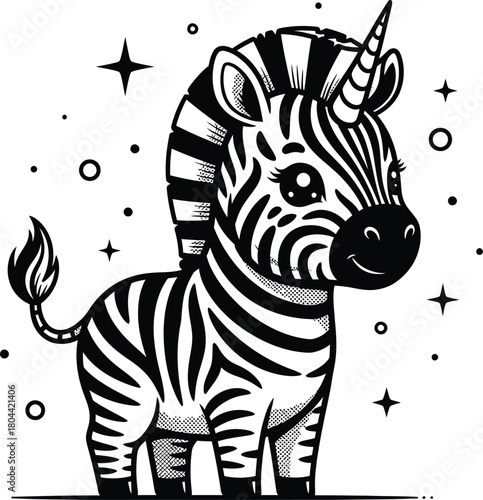 Cute zebra unicorn hybrid character in magical cartoon vector style