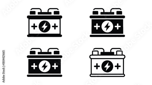 Set of car battery icons in solid and outline style for automotive energy and power concepts
