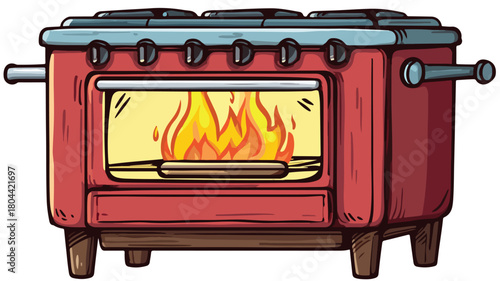 Cartoon Drawing of Stove with Flames in Oven - Vector Illustration