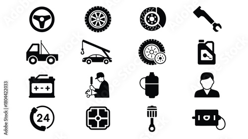 Automotive service icons set with tools, car repair symbols, gear, battery, mechanic, wrench, oil can and transportation elements in black silhouette style
