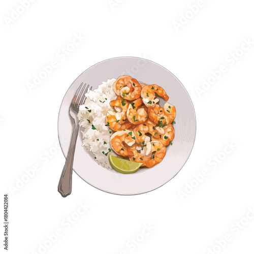 Delicious shrimps with rice and lime on a plate