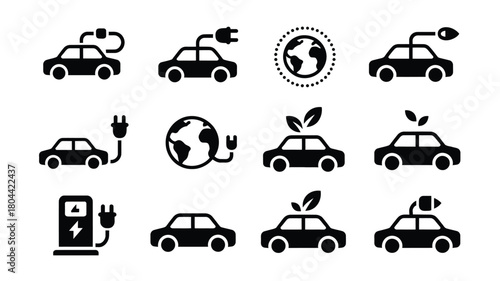 Electric Car Charging Icons Set – Eco Vehicle, EV Symbol, Renewable Energy Transport Vector
