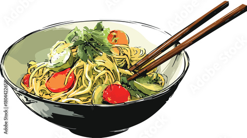 Delicious Bowl of Noodles with Fresh Vegetables Sketch