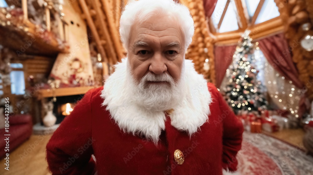Obraz premium Close-up portrait of Santa Claus inside a warm rustic Christmas cabin