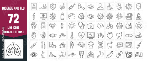 Disease Line Icon Set — Editable Stroke Vector Symbols of Flu, Illness, Allergy, Pain, Sickness, and Medical Health Conditions