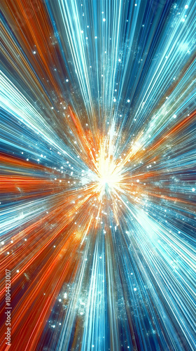 Abstract burst of red and blue light streaks radiating from a central point. The motion effect creates energy and futuristic concept with room for copy space use.