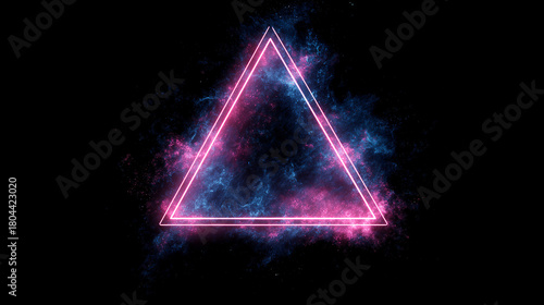 Bright pink triangle illuminated by glowing neon lights with swirling blue and purple smoke. The high-tech concept conveys energy, modernity, and digital aesthetics.