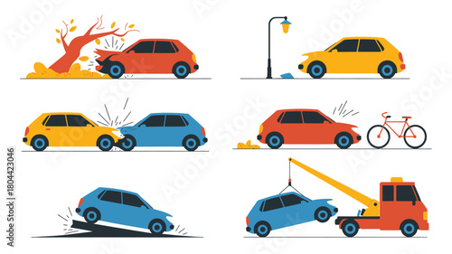 Car Accident Illustration Set Showing Crashes, Collisions and Vehicle Towing Situations
