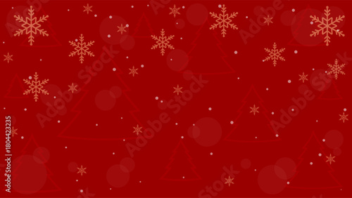 Christmas Tree Ornament Decoration And Glittering Snowflakes Falling On Red Background