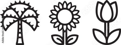 Set of three stylized black and white icons a palm tree, a sunflower, and a tulip, a