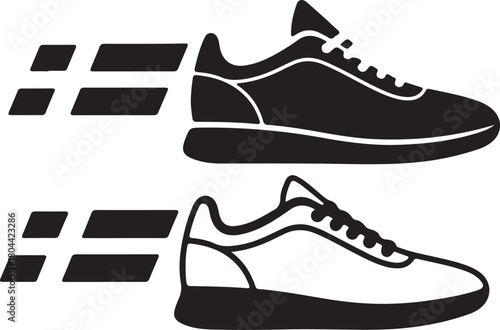 Black silhouette of a running shoe with motion lines