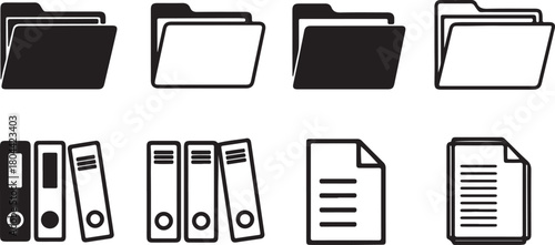 Collection of black and white icons representing folders, binders, and documents