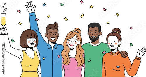 Diverse team celebrating success with confetti and champagne in a light setting