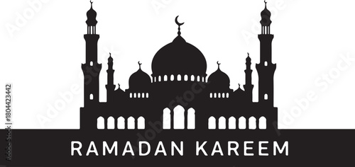 Black silhouette of a mosque with crescent moon and minarets, text ramadan kareem