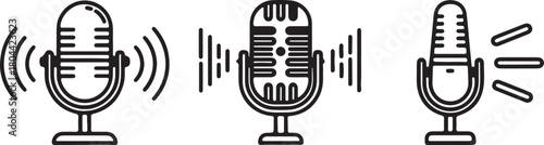 Set of three vintage microphone icons with sound waves