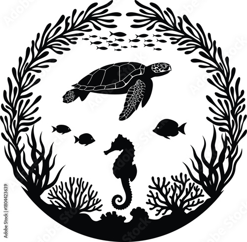 Underwater marine life illustration with turtle seahorse and coral in circular frame