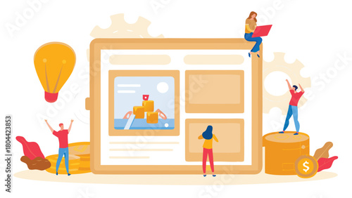 Modern giant tablet displaying a vibrant crowdfunding website interface with diverse project categories and funding progress bars perfect for finance and technology themes