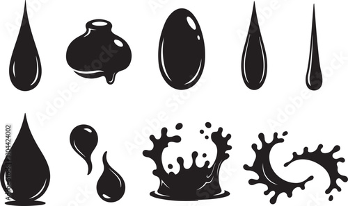 Collection of black liquid drops and splashes