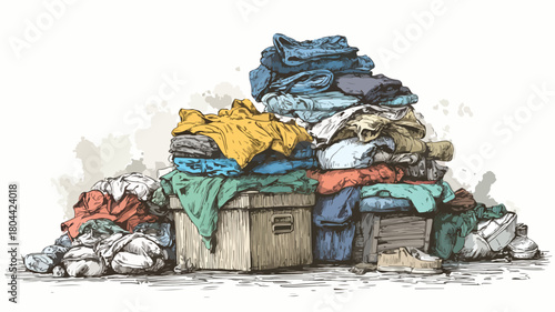 Messy Pile of Dirty Clothes and Garbage Drawing