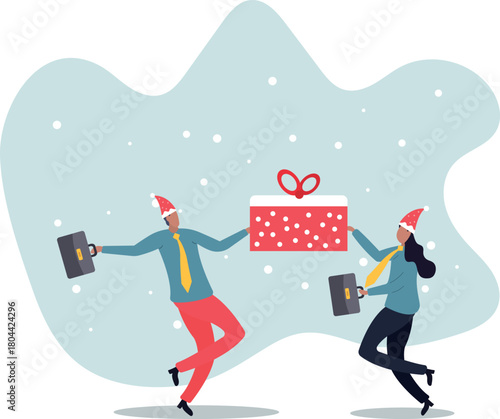 A manager congratulates a colleague at work. Winter holidays concept.