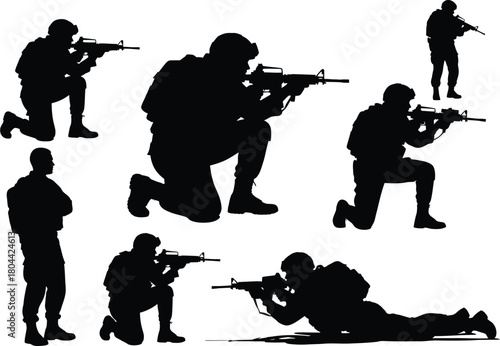 Soldier Silhouette Action Poses Vector Set