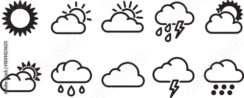 Collection of weather icons including sun, clouds, rain, and lightning