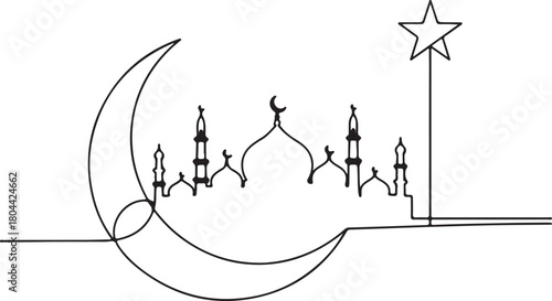 Minimalist black line art of a crescent moon with islamic mosque silhouette and a star on a pole