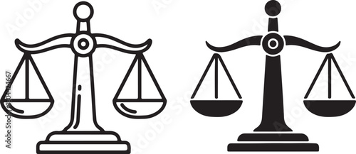 Two scales of justice icons, one outlined and one solid black