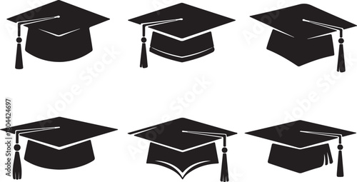 Collection of six black graduation cap icons in different angles