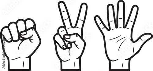 Three hand gestures showing numbers zero, two, and five
