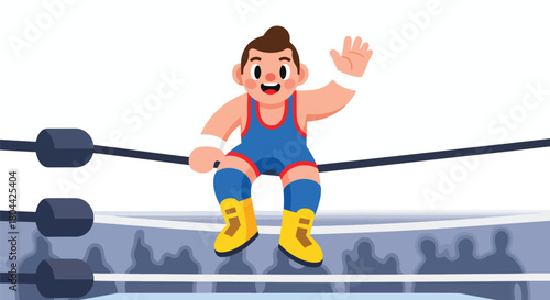 Cartoon wrestler sitting on the ropes of a wrestling ring waving.