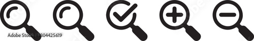 Collection of five magnifying glass icons representing search, zoom in, zoom out, and checkmark functions
