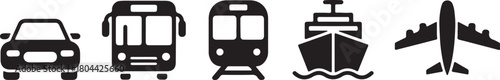 Collection of black transportation icons including a car, bus, train, ship, and airplane