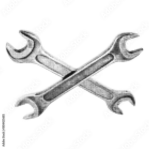 Detailed vector illustration of two crossed metal wrenches in monochrome halftone style. Perfect for repair, mechanic, workshop, and industrial design projects.