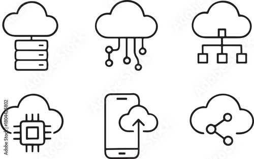 Cloud computing and data storage line icons set, illustrating modern server infrastructure, mobile access, and network connectivity
