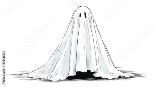 Spooky White Ghost with Bold Black Outline Vector Illustration