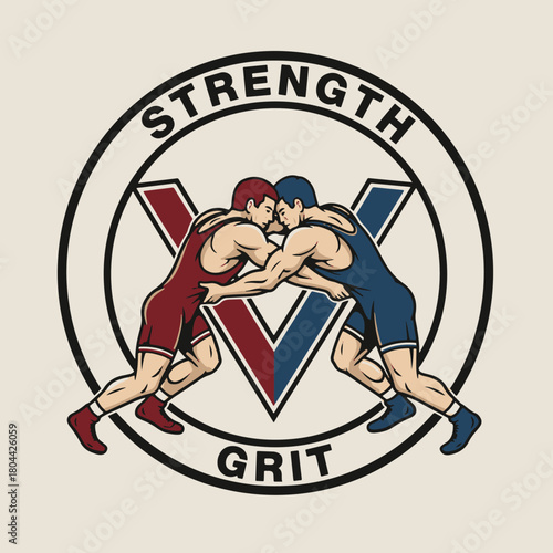Wrestling emblem with two wrestlers and the words Strength and Grit.